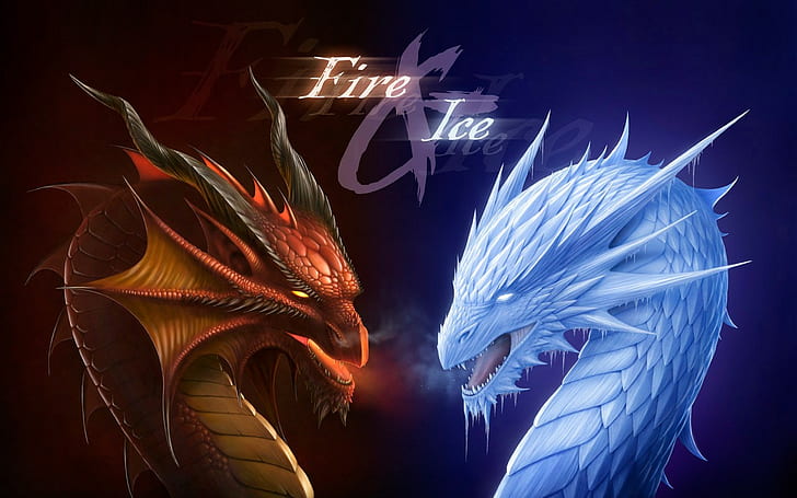 artwork, dragon, fire, ice, fantasy art, HD wallpaper