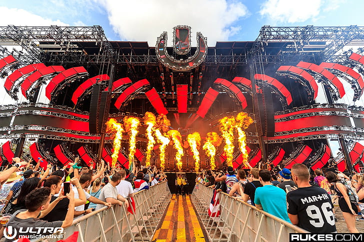 Ultra Music Festival, Rukes, stages, lights, photography, fire, HD wallpaper