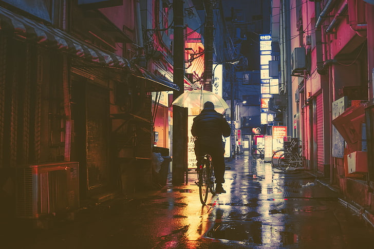 cityscape, wet street, Japan, city lights, alleyway, built structure
