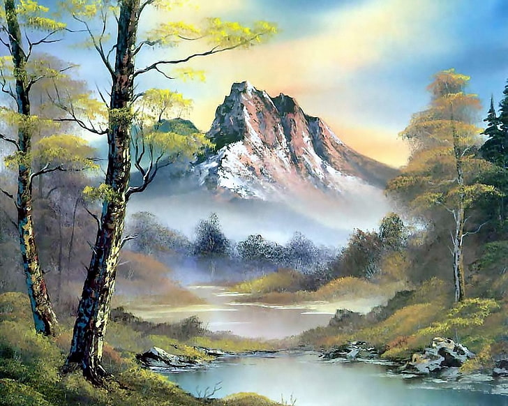 mountain scenery painting, forest, the sky, water, clouds, trees
