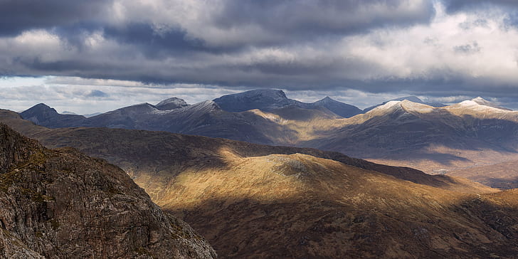 brown mountain under white clouds, Light on, Land, Scotland, West Highlands, HD wallpaper