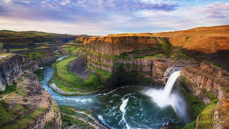 areal photography of waterfalls on horse shoe bend, Palouse Falls, HD wallpaper