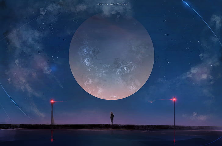 Alone, Digital paint, Moon, Anime girl, 4K