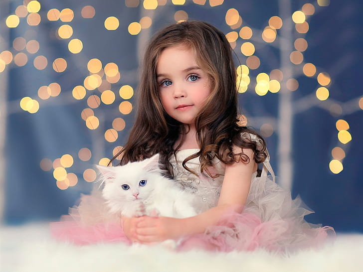 Cute girl, white kitten, lights, bokeh