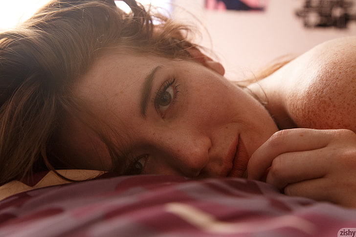 women, face, zishy, brunette, freckles, in bed, lying down