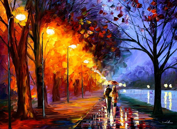 man and woman walking painting, Leonid Afremov, oil painting, HD wallpaper