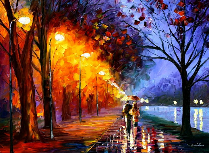 street light, fall, oil painting, Leonid Afremov, couple, HD wallpaper
