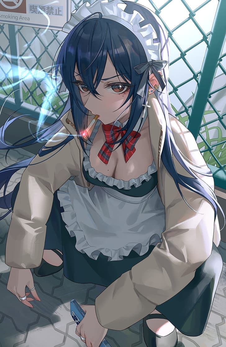 Smoking anime girl with closed eyes and dark blue hair on Craiyon-demhanvico.com.vn