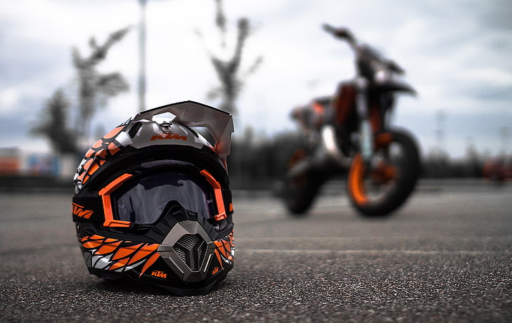 black and orange motocross helmet, KTM, motorcycle, Canon, supermoto, HD wallpaper