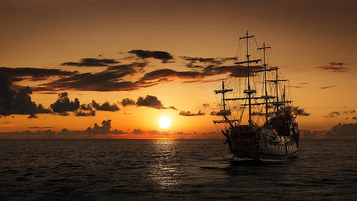 Pirate Ship Time Of Piracy Open Sea Sunset Red Sky Dark Clouds 2560×1440