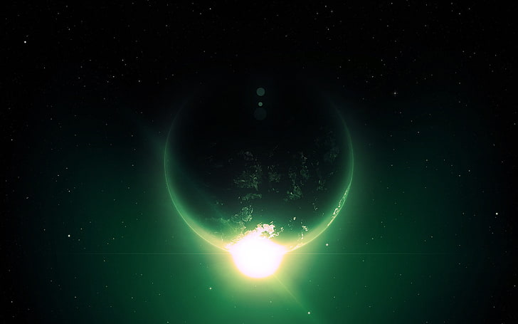 black planet, glowing, space art, green, stars, astronomy, sky