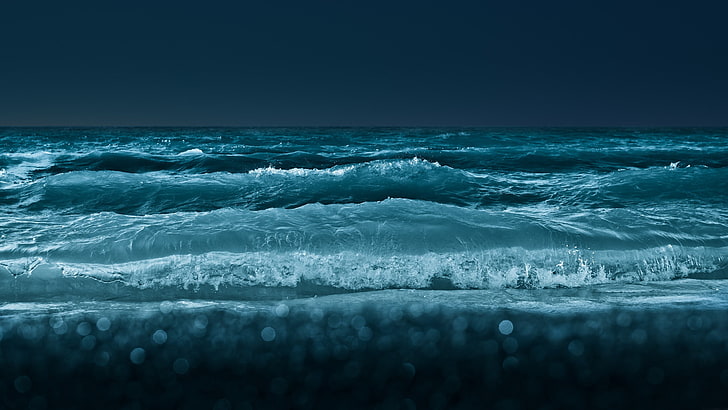 body of water, sea, waves, night, motion, horizon, horizon over water