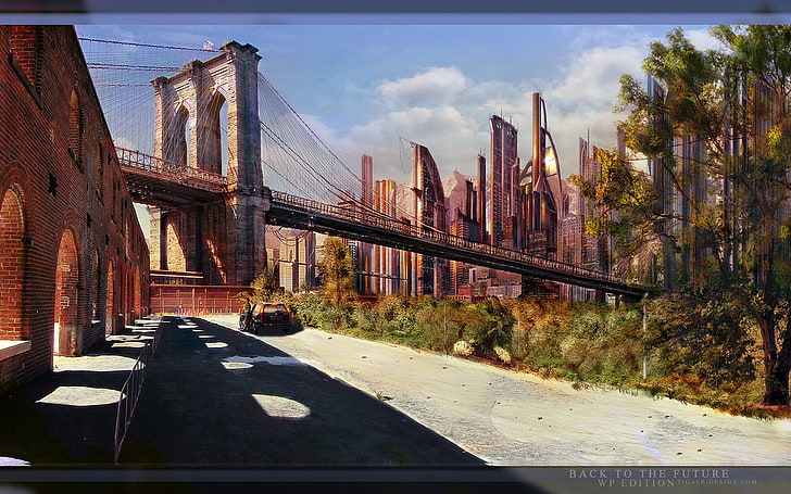 Brooklyn Bridge, New York, New York City, artwork, futuristic city, HD wallpaper