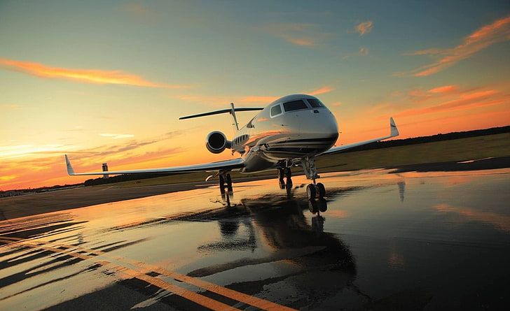 Private Plane, white airplane, Motors, sunset, sky, air vehicle, HD wallpaper