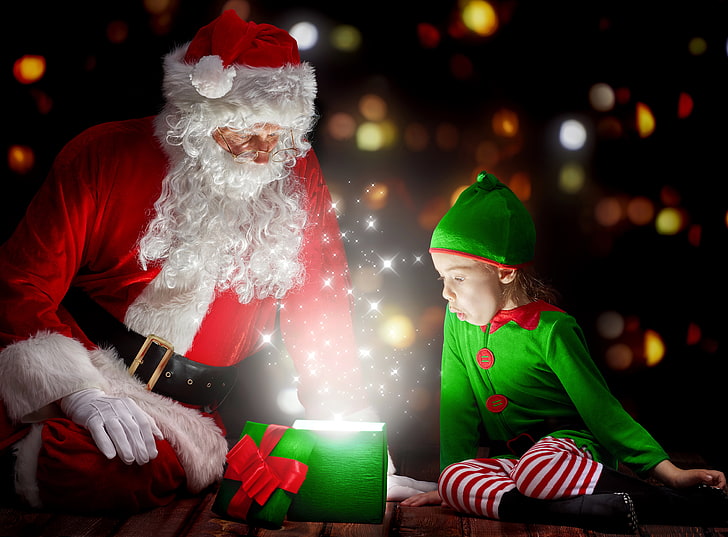Santa Claus, red, green, emotions, holiday, gift, magic, elf, HD wallpaper