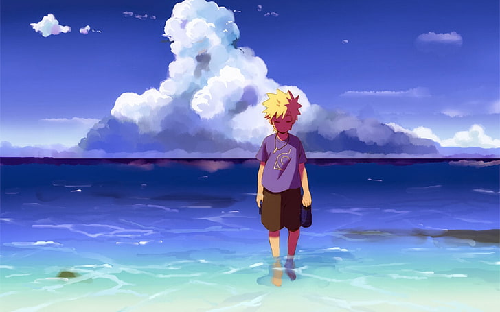 Naruto Shippuuden, Uzumaki Naruto, sea, anime boys, clouds, HD wallpaper