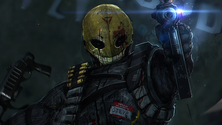 game character wearing yellow mask holding a gun, smiling, security