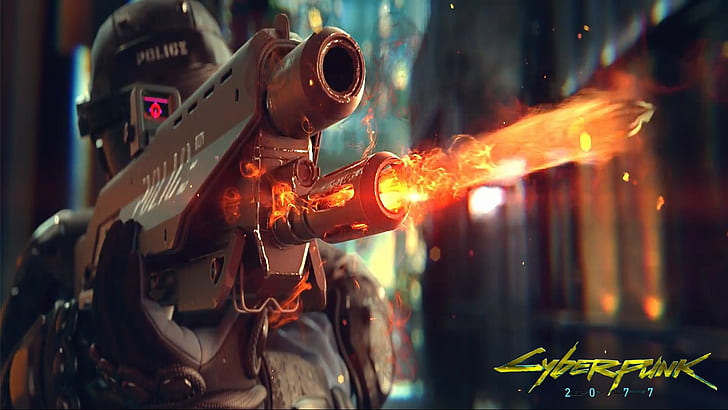 Cyberpunk 2077, play, police, helmet, gun, fire, fires, HD wallpaper