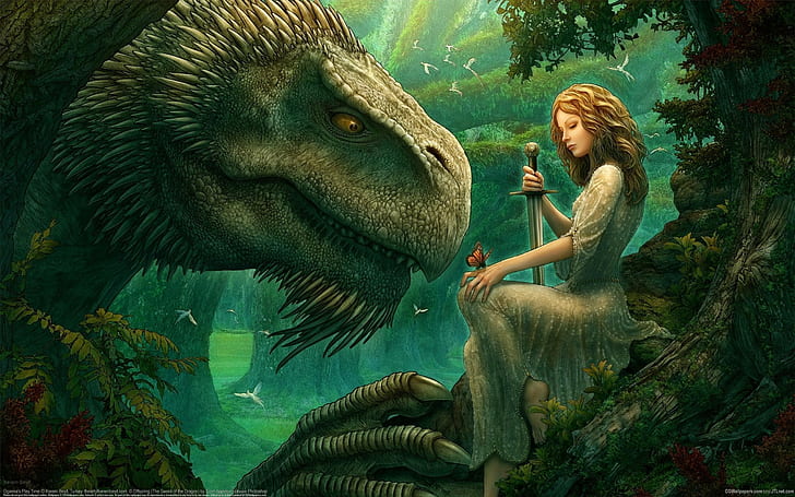 Dragon Sword Girl Drawing HD, painting of woman in white dress holding sword sitting facing grey monster