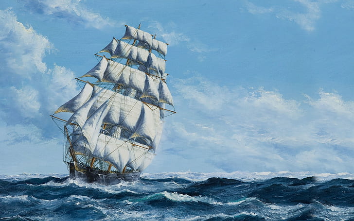 sea, waves, water, sailing ship, clouds, painting, sky