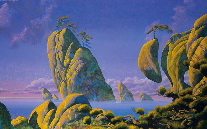 green and yellow abstract painting, Roger Dean, sky, beauty in nature, HD wallpaper