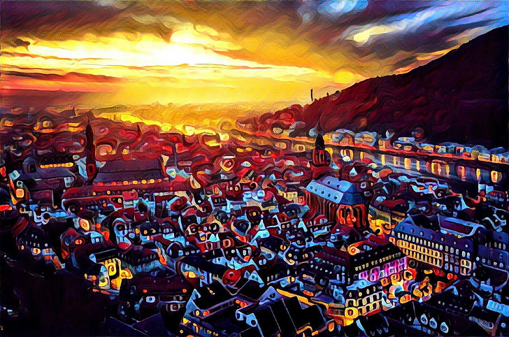 multicolored village painting, cityscape, drawing, artwork, crowd