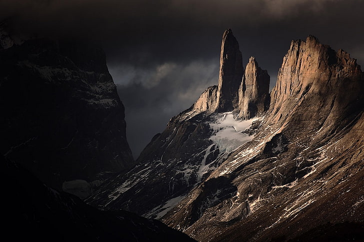 mountains, clouds, dark, Chile, Torres del Paine, cliff, snowy peak, HD wallpaper