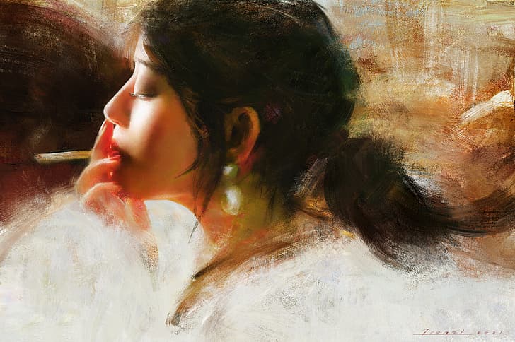 Tian Zi, women, smoking, cigarettes, artwork, painting, ArtStation