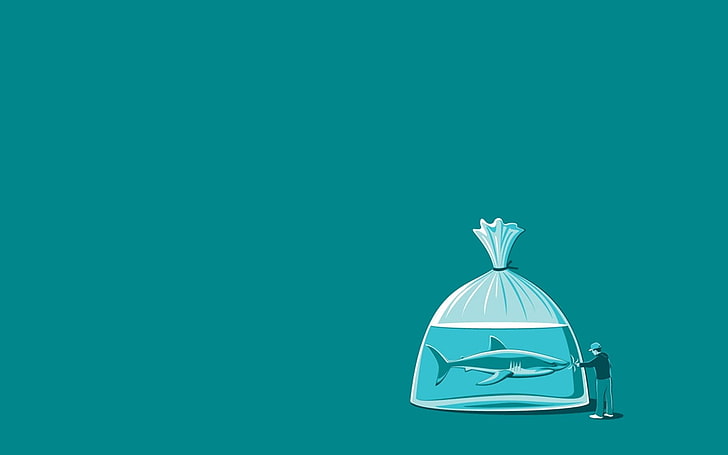 shark in plastic pack illustration, threadless, humor, simple, HD wallpaper