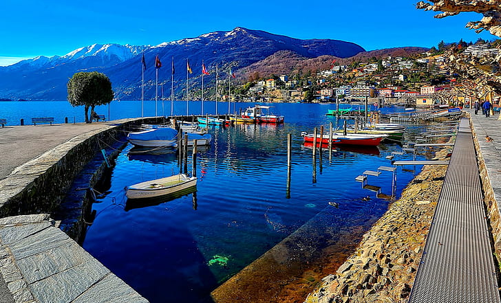 Ascona, Switzerland, landscape, row boats lot, sky, Mountain, HD wallpaper