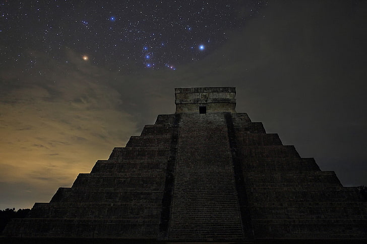 black and gray concrete building, Chichen Itza, night, sky, pyramid
