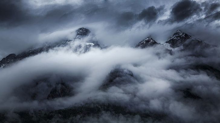 white clouds, nature, landscape, mountains, dark, storm, snowy peak, HD wallpaper