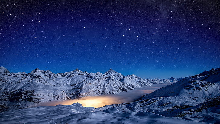 light, sky, night, winter, snow, stars, Pennine Alps, Gornergrad