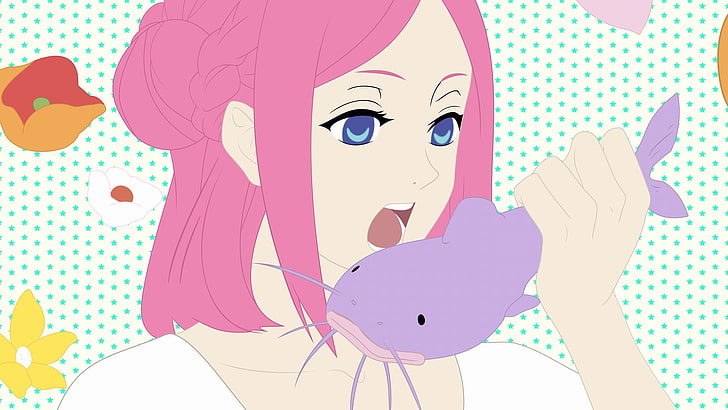 woman eating alive catfish graphic wallpaper, anime, food, pink hair, HD wallpaper