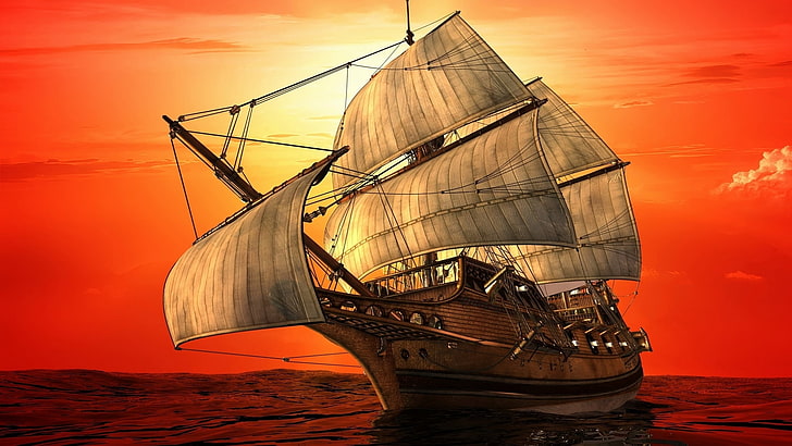 white galleon ship illustration, sea, the sky, clouds, sunset