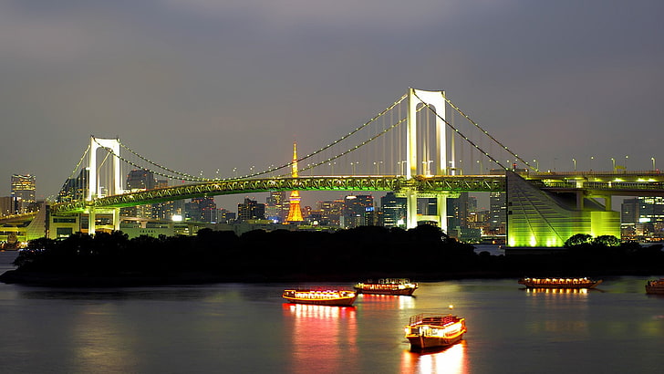bridge, river, city, Tokyo, Rainbow Bridge, built structure