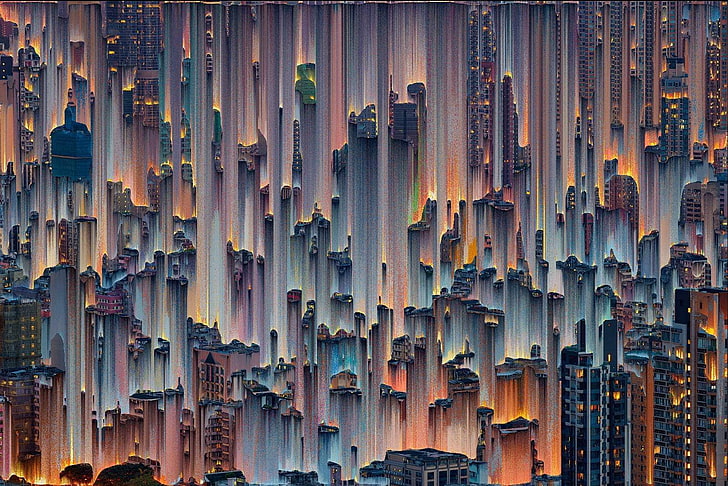 painting of city buildings, glitch art, concept art, photo manipulation, HD wallpaper