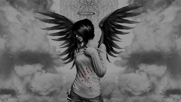 woman with wing illustration, angel, wings, blood, fantasy art, HD wallpaper