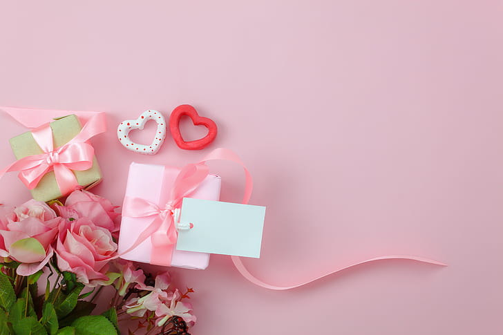 love, background, pink, gift, heart, roses, bouquet, hearts, HD wallpaper