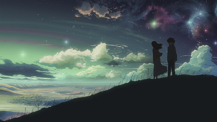 silhouette of two people standing on hill digital wallpaper, space