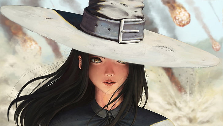 painting of woman 3D, black hair, white clothing, hat, artwork