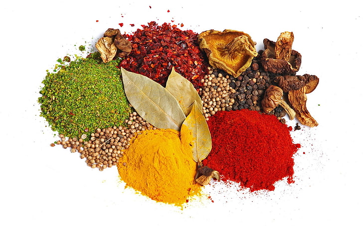 herbs and spices, white background, food and drink, still life