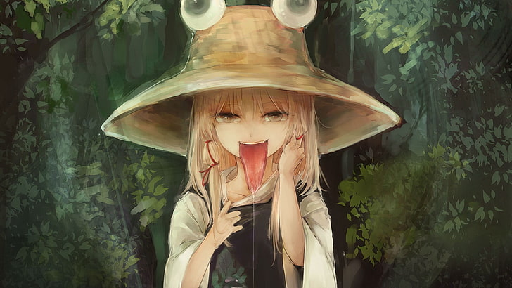 girl wearing brown hat character digital wallpaper, Touhou, tongues