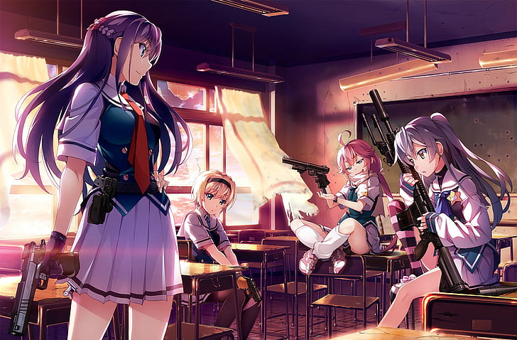 anime, anime girls, Grisaia Phantom Trigger, gun, weapon, long hair, HD wallpaper