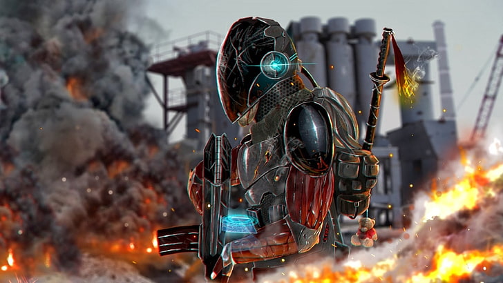 robot with gun digital wallpaper, digital art, video games, burning