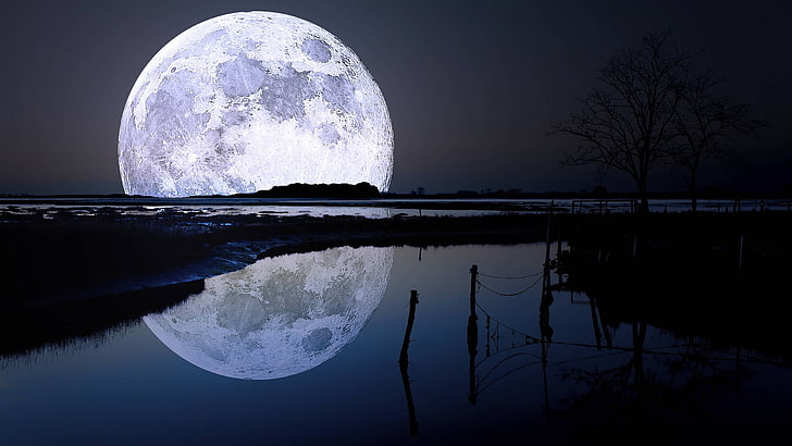 Moon, digital art, landscape, night, reflection, sky, water, HD wallpaper