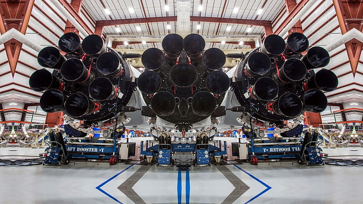 blue car, Falcon Heavy, SpaceX, rocket, astronautics, indoors