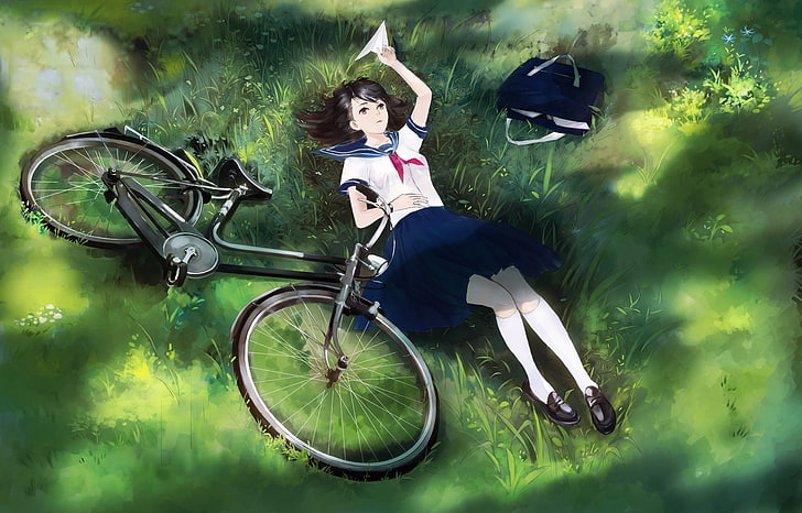 girl, bike, anime, art, form, schoolgirl, bag, airplane, yong kit lam, HD wallpaper