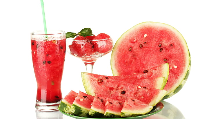 green watermelon fruit, food, watermelons, juice, white background, HD wallpaper