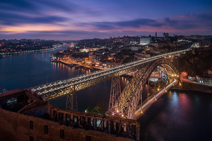 bridge, lights, the evening, Portugal, Douro river, Dom Luis Bridge